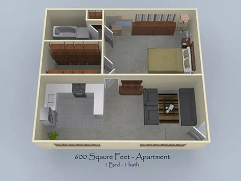 Floor plan for 1 bed, 1 bath, 580 sqft